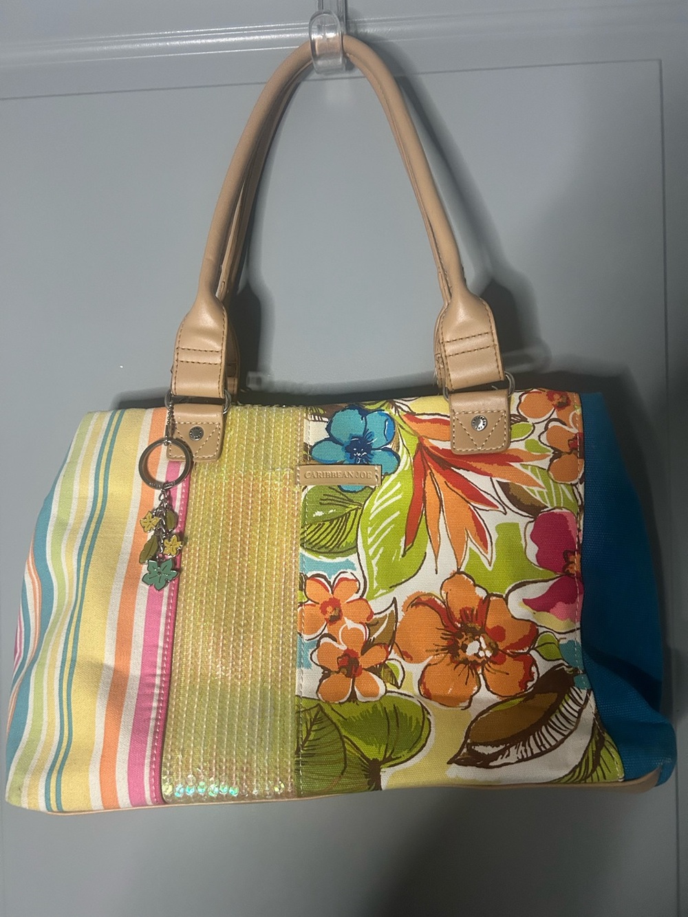 Caribbean Joe Multicolor Floral & Stripe Tote with Beige Handles